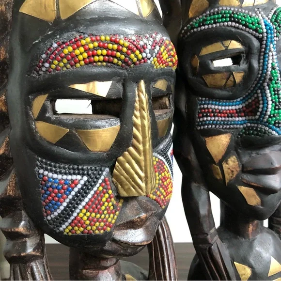 (2) Beautifully Adorned Vintage West African Fulani Peul Fulbe Tribe Sculptures